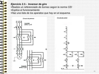 48
Ejercicio 2.3.- Inversor de giro
•Realiza un referenciado de bornes según la norma CEI
•Explica el funcionamiento
•Haz una lista de los aparatos que hay en el esquema.
 