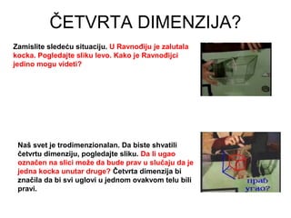 ČETVRTA DIMENZIJA?
Zamislite sledeću situaciju. U Ravnođiju je zalutala
kocka. Pogledajte sliku levo. Kako je Ravnođijci
jedino mogu videti?
Naš svet je trodimenzionalan. Da biste shvatili
četvrtu dimenziju, pogledajte sliku. Da li ugao
označen na slici može da bude prav u slučaju da je
jedna kocka unutar druge? Četvrta dimenzija bi
značila da bi svi uglovi u jednom ovakvom telu bili
pravi.
 