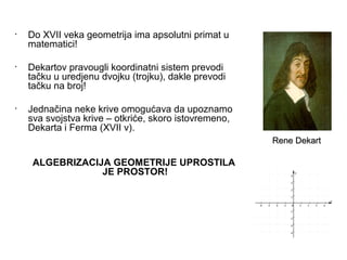 • Do XVII veka geometrija ima apsolutni primat u
matematici!
• Dekartov pravougli koordinatni sistem prevodi
tačku u uredjenu dvojku (trojku), dakle prevodi
tačku na broj!
• Jednačina neke krive omogućava da upoznamo
sva svojstva krive – otkriće, skoro istovremeno,
Dekarta i Ferma (XVII v).
ALGEBRIZACIJA GEOMETRIJE UPROSTILA
JE PROSTOR!
Rene DekartRene Dekart
 
