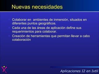 Nuevas necesidades Colaborar en  ambientes de inmersión, situados en diferentes puntos geográficos. Cada una de las áreas de aplicación define sus requerimientos para colaborar. Creación de herramientas que permitan llevar a cabo colaboración 