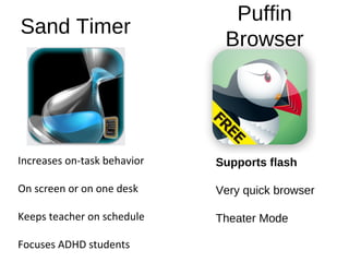 Sand Timer
 
Increases on-task behavior
 
On screen or on one desk
 
Keeps teacher on schedule
 
Focuses ADHD students
Puffin
Browser
Supports flash
Very quick browser
Theater Mode
 