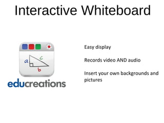 Interactive Whiteboard
Easy display
Records video AND audio
Insert your own backgrounds and
pictures
 