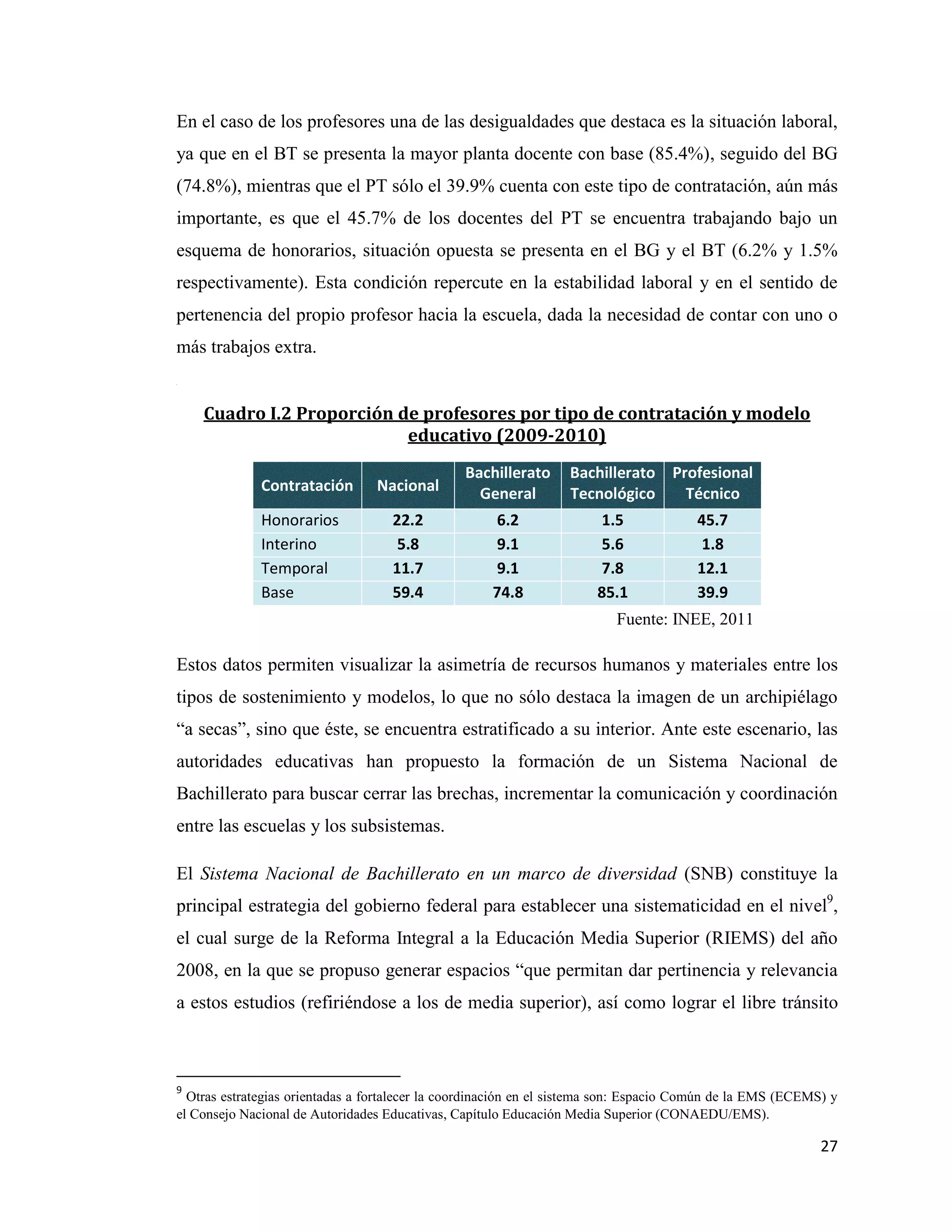 27
En el caso de los profesores una de las desigualdades que destaca es la situación laboral,
ya que en el BT se presenta la mayor planta docente con base (85.4%), seguido del BG
(74.8%), mientras que el PT sólo el 39.9% cuenta con este tipo de contratación, aún más
importante, es que el 45.7% de los docentes del PT se encuentra trabajando bajo un
esquema de honorarios, situación opuesta se presenta en el BG y el BT (6.2% y 1.5%
respectivamente). Esta condición repercute en la estabilidad laboral y en el sentido de
pertenencia del propio profesor hacia la escuela, dada la necesidad de contar con uno o
más trabajos extra.
c
Cuadro I.2 Proporción de profesores por tipo de contratación y modelo
educativo (2009-2010)
Contratación Nacional
Bachillerato
General
Bachillerato
Tecnológico
Profesional
Técnico
Honorarios 22.2 6.2 1.5 45.7
Interino 5.8 9.1 5.6 1.8
Temporal 11.7 9.1 7.8 12.1
Base 59.4 74.8 85.1 39.9
Estos datos permiten visualizar la asimetría de recursos humanos y materiales entre los
tipos de sostenimiento y modelos, lo que no sólo destaca la imagen de un archipiélago
“a secas”, sino que éste, se encuentra estratificado a su interior. Ante este escenario, las
autoridades educativas han propuesto la formación de un Sistema Nacional de
Bachillerato para buscar cerrar las brechas, incrementar la comunicación y coordinación
entre las escuelas y los subsistemas.
El Sistema Nacional de Bachillerato en un marco de diversidad (SNB) constituye la
principal estrategia del gobierno federal para establecer una sistematicidad en el nivel9
,
el cual surge de la Reforma Integral a la Educación Media Superior (RIEMS) del año
2008, en la que se propuso generar espacios “que permitan dar pertinencia y relevancia
a estos estudios (refiriéndose a los de media superior), así como lograr el libre tránsito
9
Otras estrategias orientadas a fortalecer la coordinación en el sistema son: Espacio Común de la EMS (ECEMS) y
el Consejo Nacional de Autoridades Educativas, Capítulo Educación Media Superior (CONAEDU/EMS).
Fuente: INEE, 2011
 