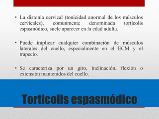 • La distonia cervical (tonicidad anormal de los músculos 
cervicales), comunmente denominada tortícolis 
espasmódico, suele aparecer en la edad adulta. 
• Puede implicar cualquier combinación de músculos 
laterales del cuello, especialmente en el ECM y el 
trapecio. 
• Se caracteriza por un giro, inclinación, flexión o 
extensión mantenidos del cuello. 
Torticolis espasmódico 
 
