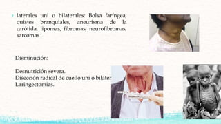 › laterales uni o bilaterales: Bolsa faríngea,
quistes branquiales, aneurisma de la
carótida, lipomas, fibromas, neurofibromas,
sarcomas
Disminución:
Desnutrición severa.
Disección radical de cuello uni o bilateral.
Laringectomias.
 