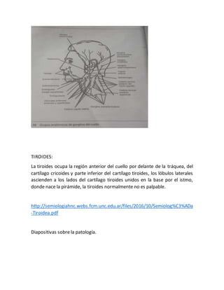 TIROIDES:
La tiroides ocupa la región anterior del cuello por delante de la tráquea, del
cartílago cricoides y parte inferior del cartílago tiroides, los lóbulos laterales
ascienden a los lados del cartílago tiroides unidos en la base por el istmo,
donde nace la pirámide, la tiroides normalmente no es palpable.
http://semiologiahnc.webs.fcm.unc.edu.ar/files/2016/10/Semiolog%C3%ADa
-Tiroidea.pdf
Diapositivas sobre la patología.
 
