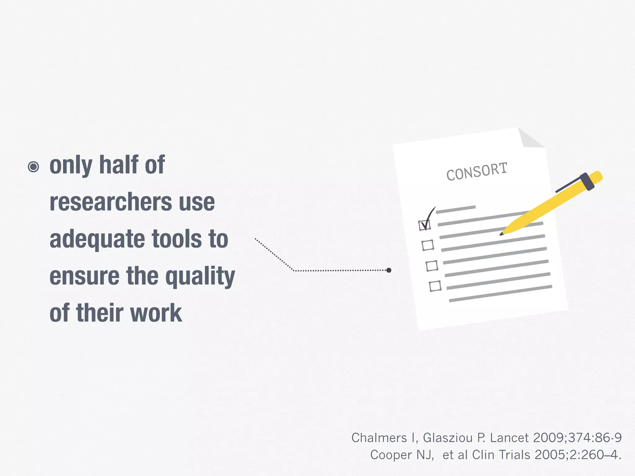 ๏ only half of
researchers use
adequate tools to
ensure the quality
of their work
Chalmers I, Glasziou P. Lancet 2009;374:86-9
Cooper NJ, et al Clin Trials 2005;2:260–4.
CONSORT
 