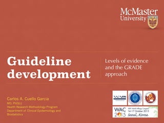 Carlos A. Cuello Garcia
MD, PhD(c)
Health Research Methodology Program
Department of Clinical Epidemiology and
Biostatistics
Guideline
development
Levels of evidence
and the GRADE
approach
 
