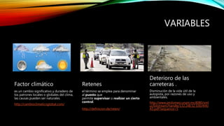 VARIABLES
Factor climático
es un cambio significativo y duradero de
los patrones locales o globales del clima,
las causas pueden ser naturales.
http://cambioclimaticoglobal.com/
Retenes
el término se emplea para denominar
al puesto que
permite supervisar o realizar un cierto
control.
http://definicion.de/reten/
Deterioro de las
carreteras .
Disminución de la vida útil de la
autopista, por razones de uso y
ambientales.
http://www.ptolomeo.unam.mx:8080/xml
ui/bitstream/handle/132.248.52.100/444/
A5.pdf?sequence=5
 