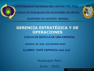 Copyright © 2014 by The University of Kansas
ALUMNO: TAIPE ESPINOZA José Joel
DOCENTE: DR. JOSÉ LUÍS MENESES RIVAS
GERENCIA ESTRATÉGICA Y DE
OPERACIONES
Huancayo-Perú
Junio - 2022
 