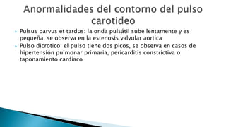  Pulsus parvus et tardus: la onda pulsátil sube lentamente y es 
pequeña, se observa en la estenosis valvular aortica 
 Pulso dicrotico: el pulso tiene dos picos, se observa en casos de 
hipertensión pulmonar primaria, pericarditis constrictiva o 
taponamiento cardiaco 
 