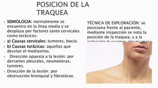 SEMIOLOGIA: normalmente se 
encuentra en la línea media y se 
desplaza por factores tanto cervicales 
como torácicos: 
 a) Causas cervicales: tumores, bocio. 
 b) Causas torácicas: aquellas que 
desvían el mediastino. 
 Dirección opuesta a la lesión: por 
derrames pleurales, neumotórax, 
tumores. 
 Dirección de la lesión: por 
obstrucción bronquial y fibrotórax. 
TÉCNICA DE EXPLORACIÓN: se 
posiciona frente al paciente, 
mediante inspección se nota la 
posición de la traquea, y a la 
palpación buscamos alguna masa. 
(cervical) 
 