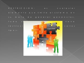 R E S T R I C C I O N : e s c u a l q u i e r
e l e m e n t o q u e l i m i t a a l s i s t e m a e n
s u m e t a d e g e n e r a r g a n a n c i a s .
T o d o s i s t e m a o e m p r e s a t i e n e
r e s t r i c c i o n e s , e s t a s s o n d e v a r i o s
t i p o s :
 