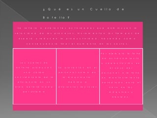 ¿ Q u é e s u n C u e l l o d e
B o t e l l a ?
S e r e f i e r e a d i f e r e n t e s a c t i v i d a d e s q u e d i s m i n u y e n l a
v e l o c i d a d d e l o s p r o c e s o s , i n c r e m e n t a n l o s t i e m p o s d e
e s p e r a y r e d u c e n l a p r o d u c t i v i d a d , t r a y e n d o c o m o
c o n s e c u e n c i a f i n a l e l a u m e n t o e n l o s c o s t o s .
L o s c u e l l o s d e
b o t e l l a p r o d u c e n
u n a c a í d a
c o n s i d e r a b l e d e l a
e f i c i e n c i a e n u n
á r e a d e t e r m i n a d a
d e l s i s t e m a
S e p r e s e n t a n e n e l
p e r s o n a l c o m o e n
l a m a q u i n a r i a ,
d e b i d o a
d i f e r e n t e s f a c t o r e s
P o r e j e m p l o l a f a l t a
d e e n t r e n a m i e n t o
o c a p a c i t a c i ó n e n
e l c a s o d e l
p e r s o n a l , o l a f a l t a
d e m a n t e n i m i e n t o
a p r o p i a d o p a r a e l
c a s o d e l a s
m á q u i n a s y
e q u i p o s .
 