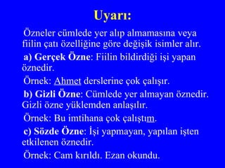 Uyarı: Özneler cümlede yer alıp almamasına veya fiilin çatı özelliğine göre değişik isimler alır.  a)   Gerçek Özne : Fiilin bildirdiği işi yapan öznedir. Örnek:  Ahmet  derslerine çok çalışır. b) Gizli Özne : Cümlede yer almayan öznedir.  Gizli özne yüklemden anlaşılır. Örnek: Bu imtihana çok çalıştı m . c) Sözde Özne : İşi yapmayan, yapılan işten  etkilenen öznedir. Örnek: Cam kırıldı. Ezan okundu. 