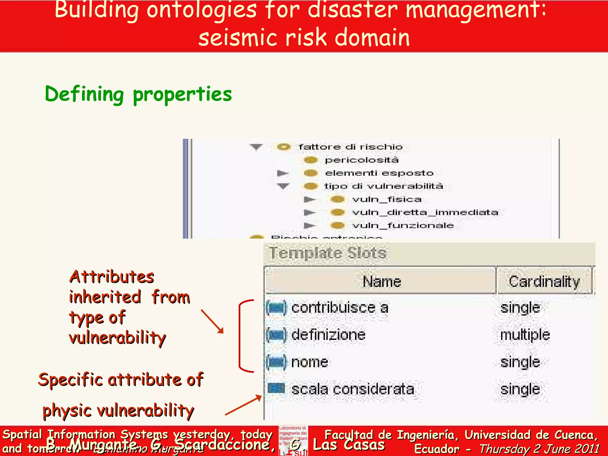 Attributes inherited  from type of  vulnerability  Specific attribute of physic vulnerability  Defining properties Building ontologies for disaster management:  seismic risk domain B. Murgante, G. Scardaccione,  G. Las Casas 