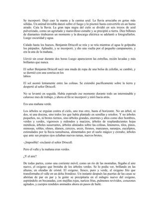 Se incorporó. Dejó caer la manta y la camisa azul. La lluvia arreciaba en gotas más
sólidas. Un animal invisible danzó sobre el fuego y lo pisoteó hasta convertirlo en un humo
airado. Caía la lluvia. La gran tapa negra del cielo se dividió en seis trozos de azul
pulverizado, como un agrietado y maravilloso esmalte y se precipitó a tierra. Diez billones
de diamantes titubearon un momento y la descarga eléctrica se adelantó a fotografiarlos.
Luego oscuridad y agua.
Calado hasta los huesos, Benjamin Driscoll se reía y se reía mientras el agua le golpeaba
los párpados. Aplaudió, y se incorporó, y dio una vuelta por el pequeño campamento, y
era la una de la mañana.
Llovió sin cesar durante dos horas Luego aparecieron las estrellas, recién lavadas y más
brillantes que nunca.
El señor Benjamin Driscoll sacó una muda de ropa de una bolsa de celofán, se cambió, y
se durmió con una sonrisa en los
labios
El sol asomó lentamente entre las colinas. Se extendió pacíficamente sobre la tierra y
despertó al señor Driscoll.
No se levantó en seguida. Había esperado ese momento durante todo un interminable y
caluroso mes de trabajo, y ahora al fin se incorporó y miró hacia atrás.
Era una mañana verde.
Los árboles se erguían contra el cielo, uno tras otro, hasta el horizonte. No un árbol, ni
dos, ni una docena, sino todos los que había plantado en semillas y retoños. Y no árboles
pequeños, no, ni brotes tiernos, sino árboles grandes, enormes y altos como diez hombres,
verdes y verdes, vigorosos y redondos y macizos, árboles de resplandecientes hojas
metálicas, árboles susurrantes, árboles alineados sobre las colinas, limoneros, tilos, pinos,
mimosas, robles, olmos, álamos, cerezos, arces, fresnos, manzanos, naranjos, eucaliptos,
estimulados por la lluvia tumultuosa, alimentados por el suelo mágico y extraño, árboles
que ante sus propios ojos echaban nuevas ramas, nuevos brotes.
-¡Imposible! -exclamó el señor Driscoll.
Pero el valle y la mañana eran verdes.
¿Y el aire?
De todas partes, como una corriente móvil, como un río de las montañas, llegaba el aire
nuevo, el oxígeno que brotaba de los árboles verdes. Se lo podía ver, brillando en las
alturas, en oleadas de cristal. El oxígeno, fresco, puro y verde, el oxígeno frío que
transformaba el valle en un delta frondoso. Un instante después las puertas de las casas se
abrirían de par en par y la gente se precipitaría en el milagro nuevo del oxígeno,
aspirándolo en bocanadas, con mejillas rojas, narices frías, pulmones revividos, corazones
agitados, y cuerpos rendidos animados ahora en pasos de baile.
 