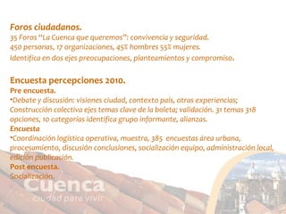 Foros ciudadanos. 35 Foros “La Cuenca que queremos”: convivencia y seguridad. 450 personas, 17 organizaciones, 45% hombres 55% mujeres. Identifica en dos ejes preocupaciones, planteamientos y compromiso . Encuesta percepciones 2010. Pre encuesta. Debate y discusión: visiones ciudad, contexto país, otras experiencias;  Construcción colectiva ejes temas clave de la boleta; validación. 31 temas 318 opciones, 10 categorías identifica grupo informante, alianzas. Encuesta Coordinación logística operativa, muestra, 385  encuestas área urbana, procesamiento, discusión conclusiones, socialización equipo, administración local, edición publicación. Post encuesta. Socialización.  
