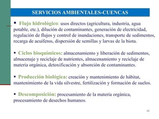 11
SERVICIOS AMBIENTALES-CUENCAS
 Flujo hidrológico: usos directos (agricultura, industria, agua
potable, etc.), dilución de contaminantes, generación de electricidad,
regulación de flujos y control de inundaciones, transporte de sedimentos,
recarga de acuíferos, dispersión de semillas y larvas de la biota.
 Ciclos bioquímicos: almacenamiento y liberación de sedimentos,
almacenaje y reciclaje de nutrientes, almacenamiento y reciclaje de
materia orgánica, detoxificación y absorción de contaminantes.
 Producción biológica: creación y mantenimiento de hábitat,
mantenimiento de la vida silvestre, fertilización y formación de suelos.
 Descomposición: procesamiento de la materia orgánica,
procesamiento de desechos humanos.
 