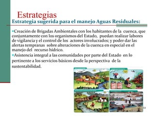Estrategias
33
Estrategia sugerida para el manejo Aguas Residuales:
Creación de Brigadas Ambientales con los habitantes de la cuenca, que
conjuntamente con los organismos del Estado, puedan realizar labores
de vigilancia y el control de los actores involucrados; y poder dar las
alertas tempranas sobre alteraciones de la cuenca en especial en el
manejo del recurso hídrico.
Asistencia integral a las comunidades por parte del Estado en lo
pertinente a los servicios básicos desde la perspectiva de la
sustentabilidad.
 