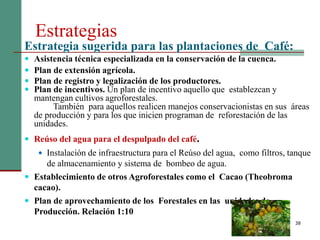 Estrategias
38
Estrategia sugerida para las plantaciones de Café:
 Asistencia técnica especializada en la conservación de la cuenca.
 Plan de extensión agrícola.
 Plan de registro y legalización de los productores.
 Plan de incentivos. Un plan de incentivo aquello que establezcan y
mantengan cultivos agroforestales.
También para aquellos realicen manejos conservacionistas en sus áreas
de producción y para los que inicien programan de reforestación de las
unidades.
 Reúso del agua para el despulpado del café.
 Instalación de infraestructura para el Reúso del agua, como filtros, tanque
de almacenamiento y sistema de bombeo de agua.
 Establecimiento de otros Agroforestales como el Cacao (Theobroma
cacao).
 Plan de aprovechamiento de los Forestales en las unidades de
Producción. Relación 1:10
 