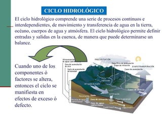 4
El ciclo hidrológico comprende una serie de procesos continuos e
interdependientes, de movimiento y transferencia de agua en la tierra,
océano, cuerpos de agua y atmósfera. El ciclo hidrológico permite definir
entradas y salidas en la cuenca, de manera que puede determinarse un
balance.
Cuando uno de los
componentes ó
factores se altera,
entonces el ciclo se
manifiesta en
efectos de exceso ó
defecto.
CICLO HIDROLÓGICO
 