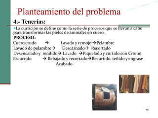 Planteamiento del problema
40
4.- Tenerías:
La curtición se define como la serie de procesos que se llevan a cabo
para transformar las pieles de animales en cuero.
PROCESO:
Cuero crudo  Lavado y remojo Pelambre
Lavado de pelambre Descarnado Recortado
Desencalado y rendido Lavado Piquelado y curtido con Cromo
Escurrido  Rebajado y recortadoRecurtido, teñido y engrase
Acabado
 