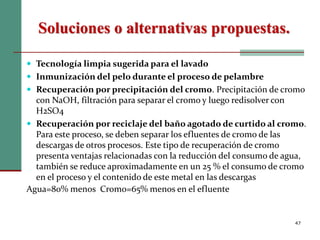 Soluciones o alternativas propuestas.
47
 Tecnología limpia sugerida para el lavado
 Inmunización del pelo durante el proceso de pelambre
 Recuperación por precipitación del cromo. Precipitación de cromo
con NaOH, filtración para separar el cromo y luego redisolver con
H2SO4
 Recuperación por reciclaje del baño agotado de curtido al cromo.
Para este proceso, se deben separar los efluentes de cromo de las
descargas de otros procesos. Este tipo de recuperación de cromo
presenta ventajas relacionadas con la reducción del consumo de agua,
también se reduce aproximadamente en un 25 % el consumo de cromo
en el proceso y el contenido de este metal en las descargas
Agua=80% menos Cromo=65% menos en el efluente
 