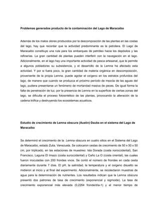 Problemas generados producto de la contaminación del Lago de Maracaibo
Además de los malos olores producidos por la descomposición de las plantas en las costas
del lago, hay que recordar que la actividad predominante es la petrolera. El Lago de
Maracaibo constituye una ruta para los embarques de petróleo hacia los depósitos y las
refinerías. La gran cantidad de plantas pueden interferir con la navegación en el lago.
Adicionalmente, en el lago hay una importante actividad de pesca artesanal, que le permite
a algunos pobladores su subsistencia, y el desarrollo de la Lemna ha afectado esta
actividad. Y por si fuera poco, la gran cantidad de materia orgánica en descomposición,
proveniente de la propia Lemna, puede agotar el oxígeno en los estratos profundos del
lago, de manera que cuando se produzca el próximo período de mezcla de las aguas del
lago, pudiera presentarse un fenómeno de mortandad masiva de peces. De igual forma la
falta de penetración de luz, por la presencia de Lemna en la superficie de ciertas zonas del
lago, se dificulta el proceso fotosintético de las plantas, provocando la alteración de la
cadena trófica y destruyendo los ecosistemas acuaticos.
Estudio de crecimiento de Lemna obscura (Austin) Daubs en el sistema del Lago de
Maracaibo
Se determinó el crecimiento de la Lemna obscura en cuatro sitios en el Sistema del Lago
de Maracaibo, estado Zulia, Venezuela. Se colocaron cestas de crecimiento de 50 x 50 x 50
cm, por triplicado, en las estaciones de muestreo: Isla Dorada (costa noroccidental), San
Francisco, Laguna El Imazo (costa suroccidental) y Caño La O (costa oriental), las cuales
fueron inoculadas con 200 frondes vivos. Se contó el número de frondes en cada cesta
diariamente durante 7 días. El pH, la salinidad, la temperatura y el oxígeno disuelto se
midieron al inicio y al final del experimento. Adicionalmente, se recolectaron muestras de
agua para la determinación de nutrientes. Los resultados indican que la Lemna obscura
presentó dos patrones de tasa de crecimiento (exponencial y sigmoide). La tasa de
crecimiento exponencial más elevada (0,2264 fronde/día-1) y el menor tiempo de
 