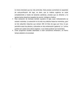 la misma densidad que las más profundas. Este proceso aumentaría la capacidad
de auto-purificación del lago, es decir, que la materia orgánica se oxide
completamente a través de bacterias aeróbicas, proceso que es eficiente y no
genera tantos desechos cargados de amonio, nitrógeno y fosforo.
 Esta extracción de biomasa también ayudaría al lago, pues indirectamente se
extraen nutrientes. La extracción no ha sido muy efectiva hasta los momentos, pero
se han adquirido máquinas que extraen 300 mil litros de agua por hora, lo que
permitiría sacar las plantas y colocarlas en otra embarcación (gabarra). La Lemna
pudiera ser usada como abono orgánico, o sus restos pudieran ser incinerados.
 Crear programas sociales destinados a crear consciencia ambiental y al mismo
tiempo adiestrar a la sociedad.
.
 