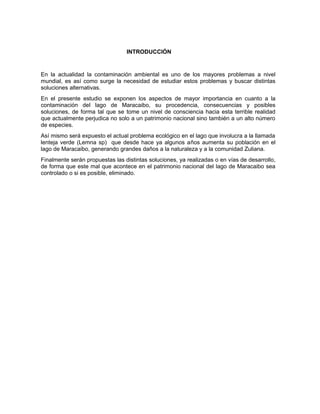 INTRODUCCIÓN
En la actualidad la contaminación ambiental es uno de los mayores problemas a nivel
mundial, es así como surge la necesidad de estudiar estos problemas y buscar distintas
soluciones alternativas.
En el presente estudio se exponen los aspectos de mayor importancia en cuanto a la
contaminación del lago de Maracaibo, su procedencia, consecuencias y posibles
soluciones, de forma tal que se tome un nivel de consciencia hacia esta terrible realidad
que actualmente perjudica no solo a un patrimonio nacional sino también a un alto número
de especies.
Así mismo será expuesto el actual problema ecológico en el lago que involucra a la llamada
lenteja verde (Lemna sp) que desde hace ya algunos años aumenta su población en el
lago de Maracaibo, generando grandes daños a la naturaleza y a la comunidad Zuliana.
Finalmente serán propuestas las distintas soluciones, ya realizadas o en vías de desarrollo,
de forma que este mal que acontece en el patrimonio nacional del lago de Maracaibo sea
controlado o si es posible, eliminado.
 