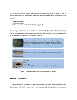 Los derrames petroleros causan gran cantidad de daños al ecosistema debido a que su
efecto contaminante es gravemente irreversible. El nivel de éste último depende de varios
factores:
 Tipos del petróleo;
 Cantidad liberada;
 Distancia del sitio de liberación desde la playa, etc.
Para la mejor comprensión de los efectos de contaminación del vertido del petróleo sobre la
cuenca hidrográfica del Lago de Maracaibo, es importante entender el proceso de evolución
de las manchas de petróleo, ilustrado en la Figura 3.
Figura 3. Evolución de las manchas de petróleo en el agua
Residuos Petroquímicos
La petroquímica es la industria que utiliza los hidrocarburos para la obtención de productos
químicos, a través de la transformación del gas natural y otros productos derivados del
El petróleo vertido en el agua se va extendiendo en una superficie en expansión, hasta llegar a
formar una capa muy extensa, con espesores de décimas de micrómetro. De esta forma se ha
comprobado que 1m3
de petróleo puede llegar a formar, en hora y media, una mancha de 100m
de diámetro y 0,1mm de espesor.
Entre uno y dos tercios del petróleo se evapora, y éste es descompuesto por fotooxidación en la
atmósfera.
Del crudo que queda en el agua:
- parte sufre fotooxidación;
- otra parte se disuelve en el agua, y
- lo que queda forma una emulsión gelatinosa de agua y aceite que se convierte en bolas de
alquitrán.
 