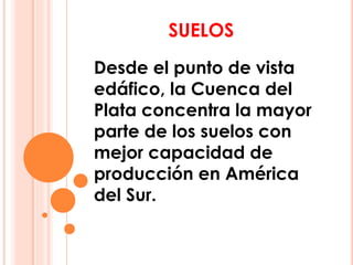 SUELOS 
Desde el punto de vista 
edáfico, la Cuenca del 
Plata concentra la mayor 
parte de los suelos con 
mejor capacidad de 
producción en América 
del Sur. 
 