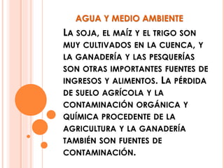 AGUA Y MEDIO AMBIENTE 
LA SOJA, EL MAÍZ Y EL TRIGO SON 
MUY CULTIVADOS EN LA CUENCA, Y 
LA GANADERÍA Y LAS PESQUERÍAS 
SON OTRAS IMPORTANTES FUENTES DE 
INGRESOS Y ALIMENTOS. LA PÉRDIDA 
DE SUELO AGRÍCOLA Y LA 
CONTAMINACIÓN ORGÁNICA Y 
QUÍMICA PROCEDENTE DE LA 
AGRICULTURA Y LA GANADERÍA 
TAMBIÉN SON FUENTES DE 
CONTAMINACIÓN. 
 