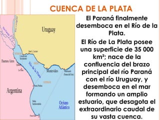 CUENCA DE LA PLATA 
El Paraná finalmente 
desemboca en el Río de la 
Plata. 
El Río de La Plata posee 
una superficie de 35 000 
km²; nace de la 
confluencia del brazo 
principal del río Paraná 
con el río Uruguay, y 
desemboca en el mar 
formando un amplio 
estuario, que desagota el 
extraordinario caudal de 
su vasta cuenca. 
 