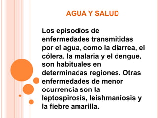 AGUA Y SALUD 
Los episodios de 
enfermedades transmitidas 
por el agua, como la diarrea, el 
cólera, la malaria y el dengue, 
son habituales en 
determinadas regiones. Otras 
enfermedades de menor 
ocurrencia son la 
leptospirosis, leishmaniosis y 
la fiebre amarilla. 
 