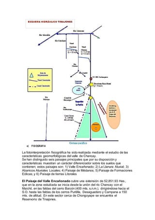 e) FISIOGRAFIA
La fotointerpretación fisiográfica ha sido realizada mediante el estudio de las
características geomorfológicas del valle de Chancay.
Se han distinguido seis paisajes principales que por su disposición y
características muestran un carácter diferenciador sobre los suelos que
contienen; estos paisajes son: 1) Valle Encañonado; 2) La Llanura Aluvial; 3)
Abanicos Aluviales Locales; 4) Paisaje de Médanos; 5) Paisaje de Formaciones
Eólicas; y 6) Paisaje de tierras Litorales
El Paisaje del Valle Encañonado cubre una extensión de 52,851.93 Has.,
que en la zona estudiada se inicia desde la unión del río Chancay con el
Maichil, en las faldas del cerro Baicón (400 mts. s.n.m.), dirigiéndose hacia el
S.O. hasta las faldas de los cerros Puntilla, Desaguadero y Campana a 150
mts. de altitud. En este sector cerca de Chongoyape se encuentra el
Reservorio de Tinajones.
 