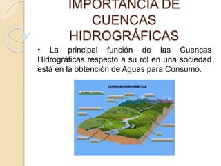 IMPORTANCIA DE
CUENCAS
HIDROGRÁFICAS
• La principal función de las Cuencas
Hidrográficas respecto a su rol en una sociedad
está en la obtención de Aguas para Consumo.
 