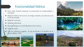 Funcionalidad hídrica
 Entre estos factores destacan la escorrentía (su temporalidad y
cantidad),
 Régimen hídrico de los ríos, el arreglo, tamaño y la estructura de
la red de drenaje,
 Régimen de lluvias,
 Variables climáticas,
 Geomorfología y la morfodinámica de la cuenca,
 Tipos de suelo,
 Tipo de cobertura vegetal, el uso de tierras y el tamaño de la
cuenca (Black, 1997).
 