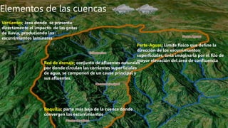Elementos de las cuencas
Parte-Aguas; Limite físico que define la
dirección de los escurrimientos
superficiales, linia imaginaria por el filo de
mayor elevación del área de confluencia
Vertientes; área donde se presenta
directamente el impacto de las gotas
de lluvia, produciendo los
escurrimientos laminares
Boquilla; parte más baja de la cuenca donde
convergen los escurrimientos
Red de drenaje; conjunto de afluentes naturales
por donde circulan las corrientes superficiales
de agua, se componen de un cause principal y
sus afluentes.
 