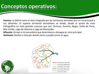 Conceptos operativos:
Cuenca: se define como el área integrada por los territorios drenados por un río principal y
sus afluentes. El espacio territorial venezolano se divide, desde el punto de vista
hidrográfico en siete grandes cuencas que son: Orinoco, Guainía, Negro, Golfo de Paria,
Mar Caribe, Lago de Valencia y Lago de Maracaibo.
Afluente: Arroyo o río secundario que desemboca o desagua en otro principal.
Vertiente: Declive o sitio por donde corre o puede correr el agua.

 