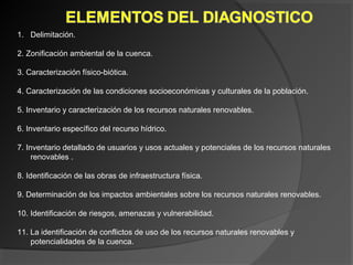 1. Delimitación.
2. Zonificación ambiental de la cuenca.
3. Caracterización físico-biótica.
4. Caracterización de las condiciones socioeconómicas y culturales de la población.
5. Inventario y caracterización de los recursos naturales renovables.
6. Inventario específico del recurso hídrico.
7. Inventario detallado de usuarios y usos actuales y potenciales de los recursos naturales
renovables .
8. Identificación de las obras de infraestructura física.
9. Determinación de los impactos ambientales sobre los recursos naturales renovables.
10. Identificación de riesgos, amenazas y vulnerabilidad.
11. La identificación de conflictos de uso de los recursos naturales renovables y
potencialidades de la cuenca.
 