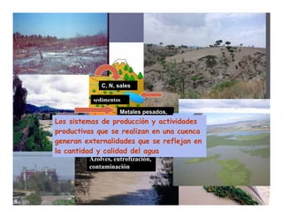 C, N, sales

          sedimentos

                    Metales pesados,
Los sistemas de producción y actividades
                    basura,coliformes.

productivas que se realizan en una cuenca
generan externalidades que se reflejan en
la cantidad y calidad del agua
         Azolves, eutrofización,
                                            Retención
         contaminación
                                            de agua,
                                            sedimentos
 