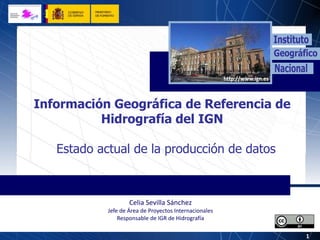 1
Celia Sevilla Sánchez
Jefe de Área de Proyectos Internacionales
Responsable de IGR de Hidrografía
Información Geográfica de Referencia de
Hidrografía del IGN
Estado actual de la producción de datos
 