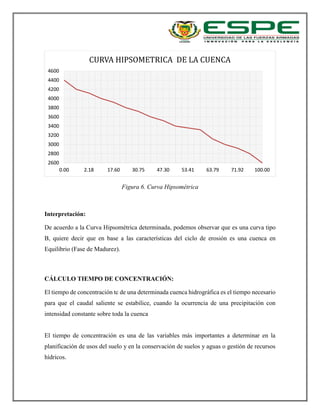 Figura 6. Curva Hipsométrica
Interpretación:
De acuerdo a la Curva Hipsométrica determinada, podemos observar que es una curva tipo
B, quiere decir que en base a las características del ciclo de erosión es una cuenca en
Equilibrio (Fase de Madurez).
CÁLCULO TIEMPO DE CONCENTRACIÓN:
El tiempo de concentración tc de una determinada cuenca hidrográfica es el tiempo necesario
para que el caudal saliente se estabilice, cuando la ocurrencia de una precipitación con
intensidad constante sobre toda la cuenca
El tiempo de concentración es una de las variables más importantes a determinar en la
planificación de usos del suelo y en la conservación de suelos y aguas o gestión de recursos
hídricos.
2600
2800
3000
3200
3400
3600
3800
4000
4200
4400
4600
0.00 2.18 17.60 30.75 47.30 53.41 63.79 71.92 100.00
CURVA HIPSOMETRICA DE LA CUENCA
 