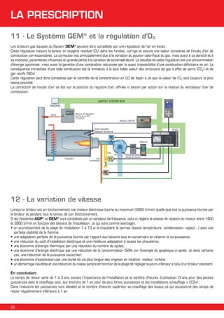 LA PRESCRIPTION
11 - Le Système GEM® et la régulation d’O2
Les brûleurs gaz équipés du System GEM® peuvent être complétés par une régulation de l’air en excès.
Cette régulation mesure la teneur en oxygène résiduel (O2) dans les fumées, corrige et assure une valeur constante de l’excès d’air de
combustion correspondante. La correction est principalement due à la variation du pouvoir calorifique du gaz, mais aussi à sa densité et à
sa viscosité, paramètres influencés en grande partie à la variation de sa température. Le résultat de cette régulation est une consommation
d’énergie optimisée, mais aussi la garantie d’une combustion sécurisée par la quasi impossibilité d’une combustion déficitaire en air. La
conséquence immédiate d’une telle combustion est la limitation à la plus faible valeur des émissions de gaz à effet de serre (CO2) et de
gaz nocifs (NOx).
Cette régulation peut être complétée par le contrôle de la concentration en CO de façon à ce que la valeur de l’O2 soit toujours la plus
basse possible.
La correction de l’excès d’air se fait sur la position du registre d’air, affinée si besoin par action sur la vitesse du ventilateur d’air de
combustion.
LAMTEC SYSTEM BUS

Mesure et régulation
de l’O2 et du CO
LT3 KS1D

KS1D

Module LCM100
Sonde chaudière
Détecteur de ﬂamme

BT300

VSM100
2530

Gaz
Chaudière

Fuel
domestique

FU

Air

Sonde de vitesse

12 - La variation de vitesse
Lorsqu’un brûleur est en fonctionnement son moteur électrique tourne au maximum (2800 tr/min) quelle que soit la puissance fournie par
le brûleur et pendant tout le temps de son fonctionnement.
Si les Systèmes AGP® et GEM® sont complétés par un variateur de fréquence, celui-ci réglera la vitesse de rotation du moteur entre 1400
et 2800 tr/min en fonction des besoins de l’installation, ce qui aura comme avantages:
•	un accroîssement de la plage de modulation 1 à 10 si la chaudière le permet (basse température, condensation, vapeur...) avec une
parfaite stabilité de la flamme;
•	une adaptation parfaite de la puissance fournie par rapport aux besoins tout en conservant en réserve la surpuissance;
•	une réduction du coût d’installation électrique et une meilleure adaptation à toutes les chaudières;
•	une économie d’énergie thermique par une réduction du nombre de cycles;
•	une économie d’énergie électrique par une réduction de la consommation (58% sur l’exemple du graphique ci-après, et dans certains
cas, une réduction de la puissance souscrite);
•	une économie d’exploitation par une durée de vie plus longue des organes en rotation: moteur, turbine;
•	un démarrage inaudible et une réduction du niveau sonore en fonction de la plage de réglage toujours inférieur à celui d’un brûleur standard.
En conclusion:
Le temps de retour varie de 1 à 3 ans suivant l’importance de l’installation et le nombre d’heures d’utilisation (3 ans pour des petites
puissances avec le chauffage seul; aux environs de 1 an pour de plus fortes puissances et les installations «chauffage + ECS»).
Dans l’industrie les puissances sont élevées et le nombre d’heures supérieur au chauffage des locaux ce qui occasionne des temps de
retour régulièrement inférieurs à 1 an.

26

 