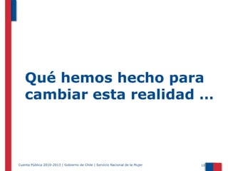 Qué hemos hecho para
cambiar esta realidad …

Cuenta Pública 2010-2013 | Gobierno de Chile | Servicio Nacional de la Mujer
Cuenta Pública 2012 | Gobierno de Chile | Servicio Nacional de la Mujer

10

 