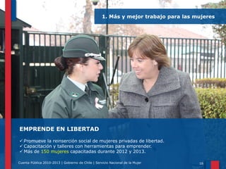 1. Más y mejor trabajo para las mujeres

EMPRENDE EN LIBERTAD
 Promueve la reinserción social de mujeres privadas de libertad.
 Capacitación y talleres con herramientas para emprender.
 Más de 150 mujeres capacitadas durante 2012 y 2013.
Cuenta Pública 2010-2013 | Gobierno de Chile | Servicio Nacional de la Mujer

16

 