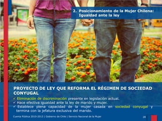 2. Posicionamiento de la Mujer Chilena:
Igualdad ante la ley

PROYECTO DE LEY QUE REFORMA EL RÉGIMEN DE SOCIEDAD
CONYUGAL
 Eliminación de discriminación presente en legislación actual.
 Hace efectiva igualdad ante la ley de marido y mujer.
 Establece plena capacidad de la mujer casada en sociedad conyugal y
termina con la jefatura exclusiva del marido.
Cuenta Pública 2010-2013 | Gobierno de Chile | Servicio Nacional de la Mujer

28

 