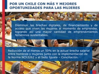 POR UN CHILE CON MÁS Y MEJORES
OPORTUNIDADES PARA LAS MUJERES

Disminuir las brechas digitales, de financiamiento y de
acceso que viven las mujeres al momento de emprender,
logrando así una mayor cantidad de emprendimientos
femeninos sustentables.

Reducción de al menos un 50% en la actual brecha salarial
entre hombres y mujeres junto con la implementación de
la Norma NCh3262 y el Sello Iguala – Conciliación.

Cuenta Pública 2010-2013 | Gobierno de Chile | Servicio Nacional de la Mujer

 